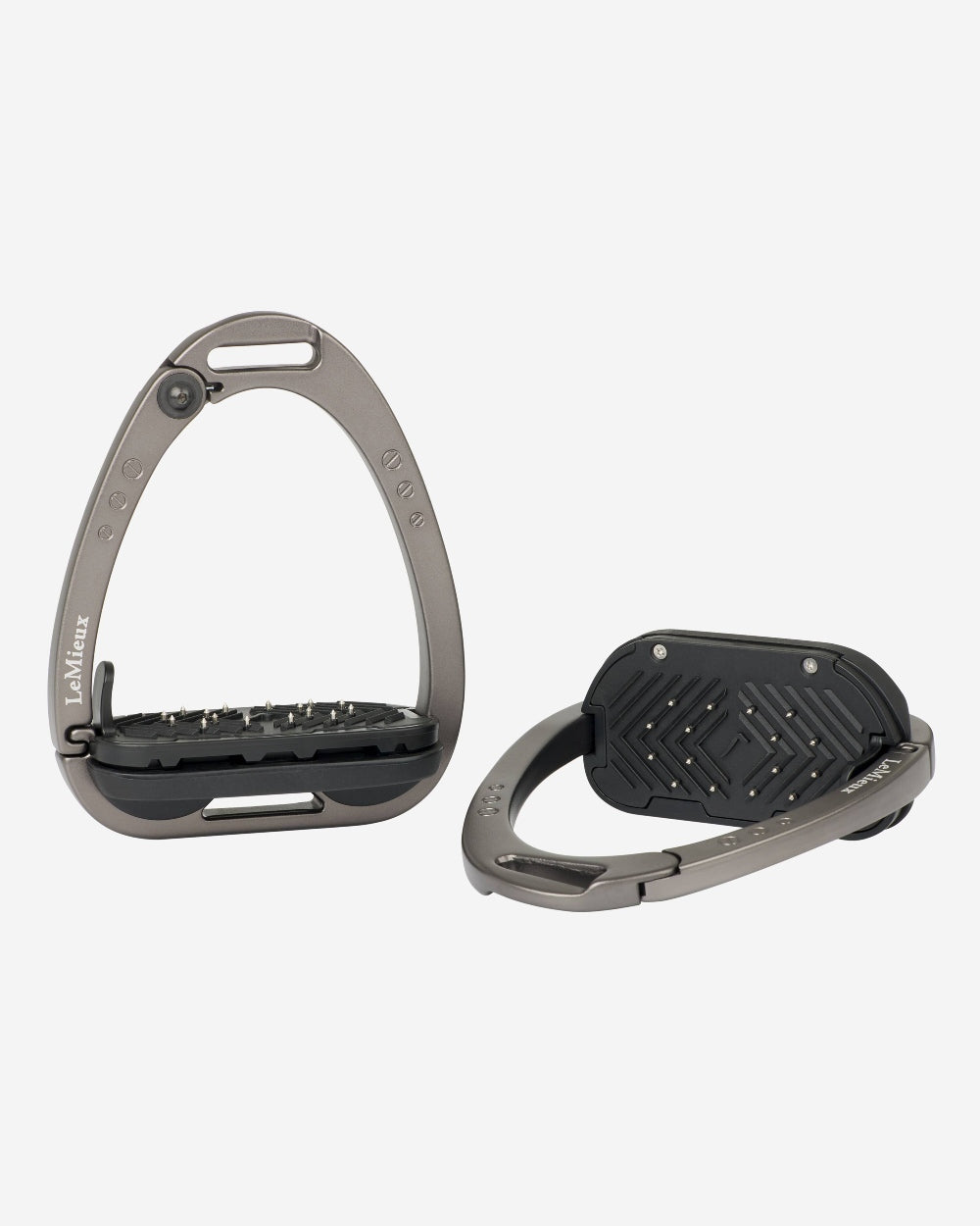 Carbon coloured LeMieux Vector Balance Stirrup on grey background