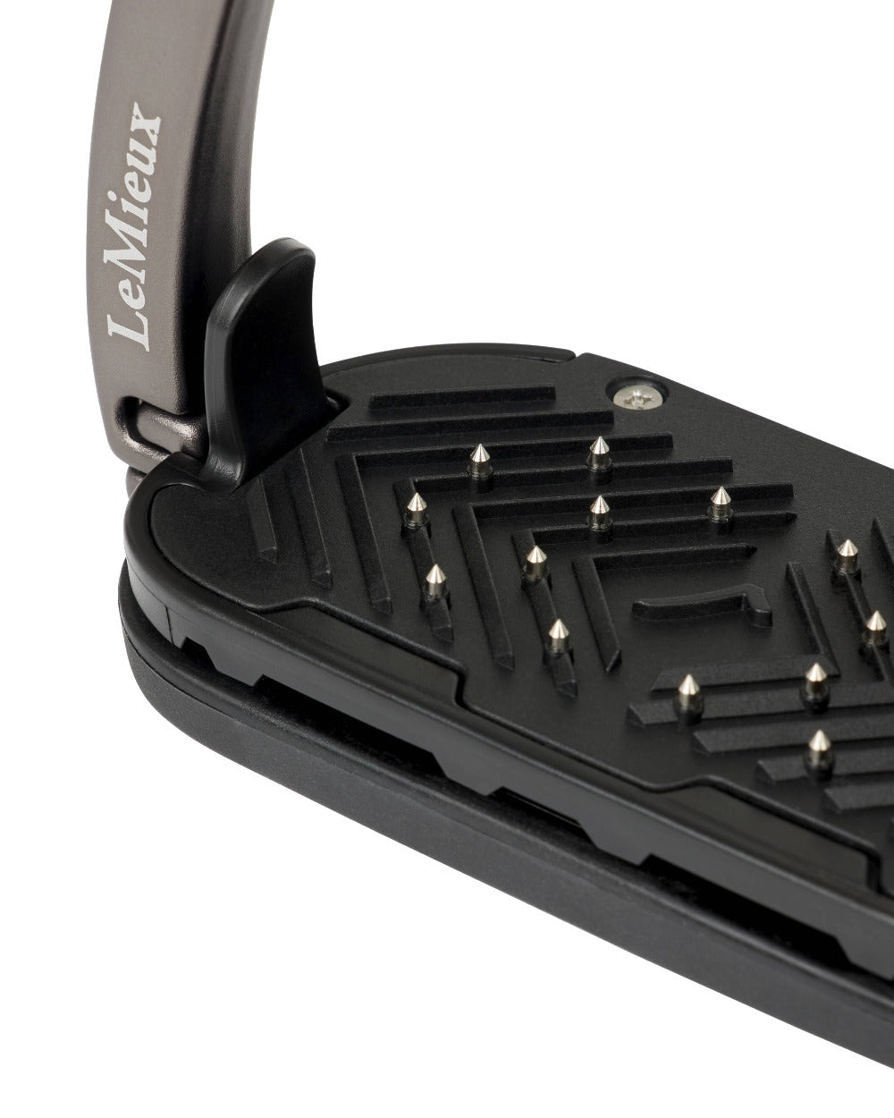 Carbon coloured LeMieux Vector Balance Stirrup on grey background