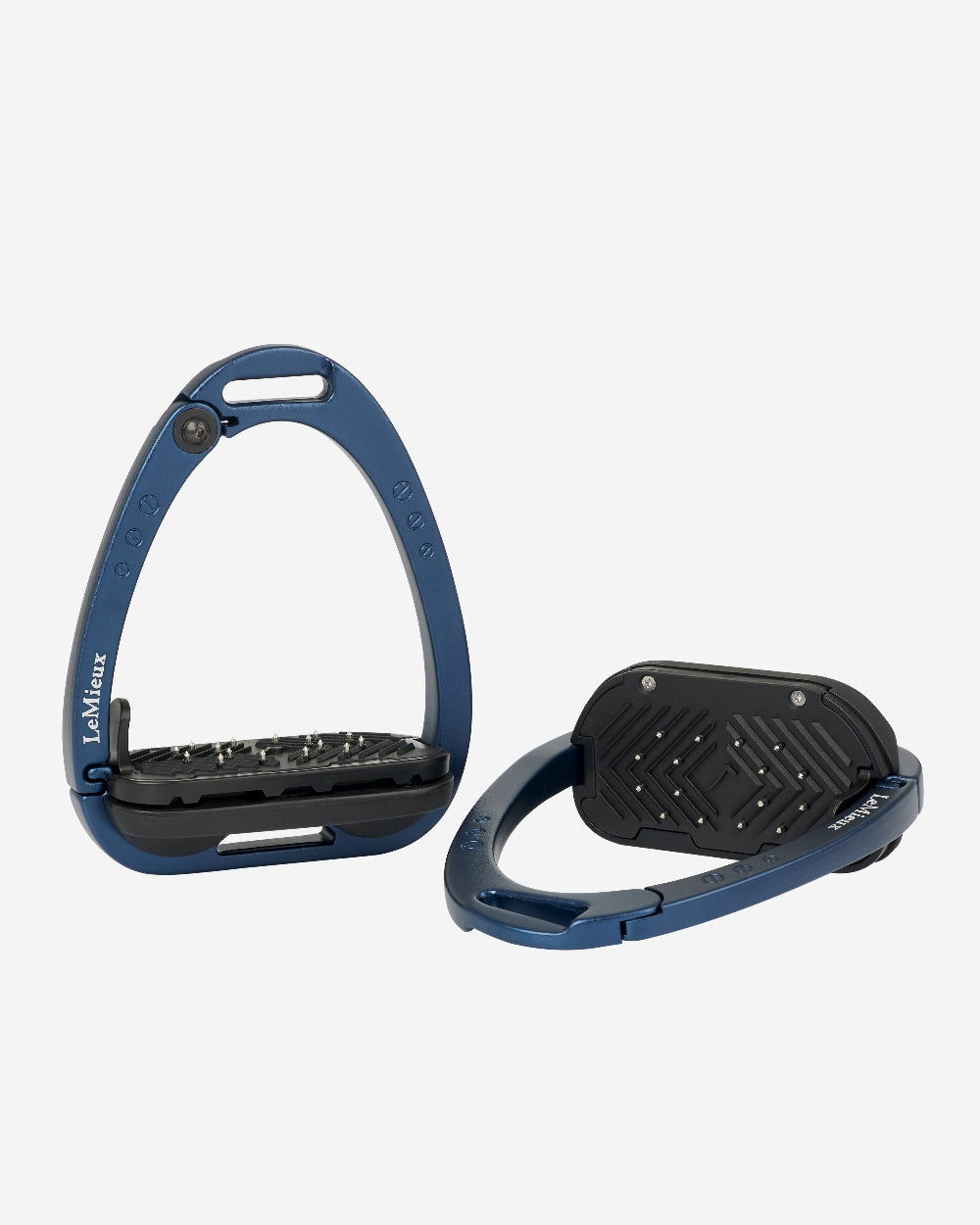 Navy coloured LeMieux Vector Balance Stirrup on grey background