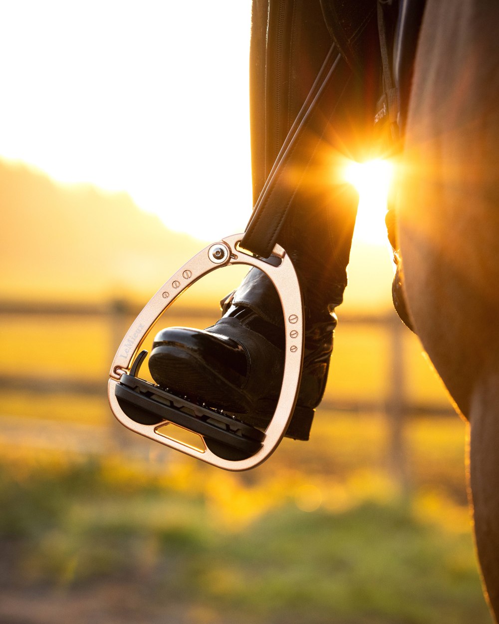 Rose Gold coloured LeMieux Vector Balance Stirrup on sunset background
