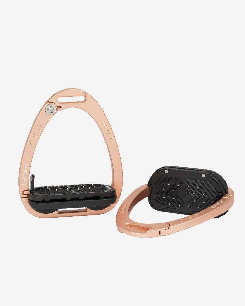 Rose Gold coloured LeMieux Vector Balance Stirrup on grey background