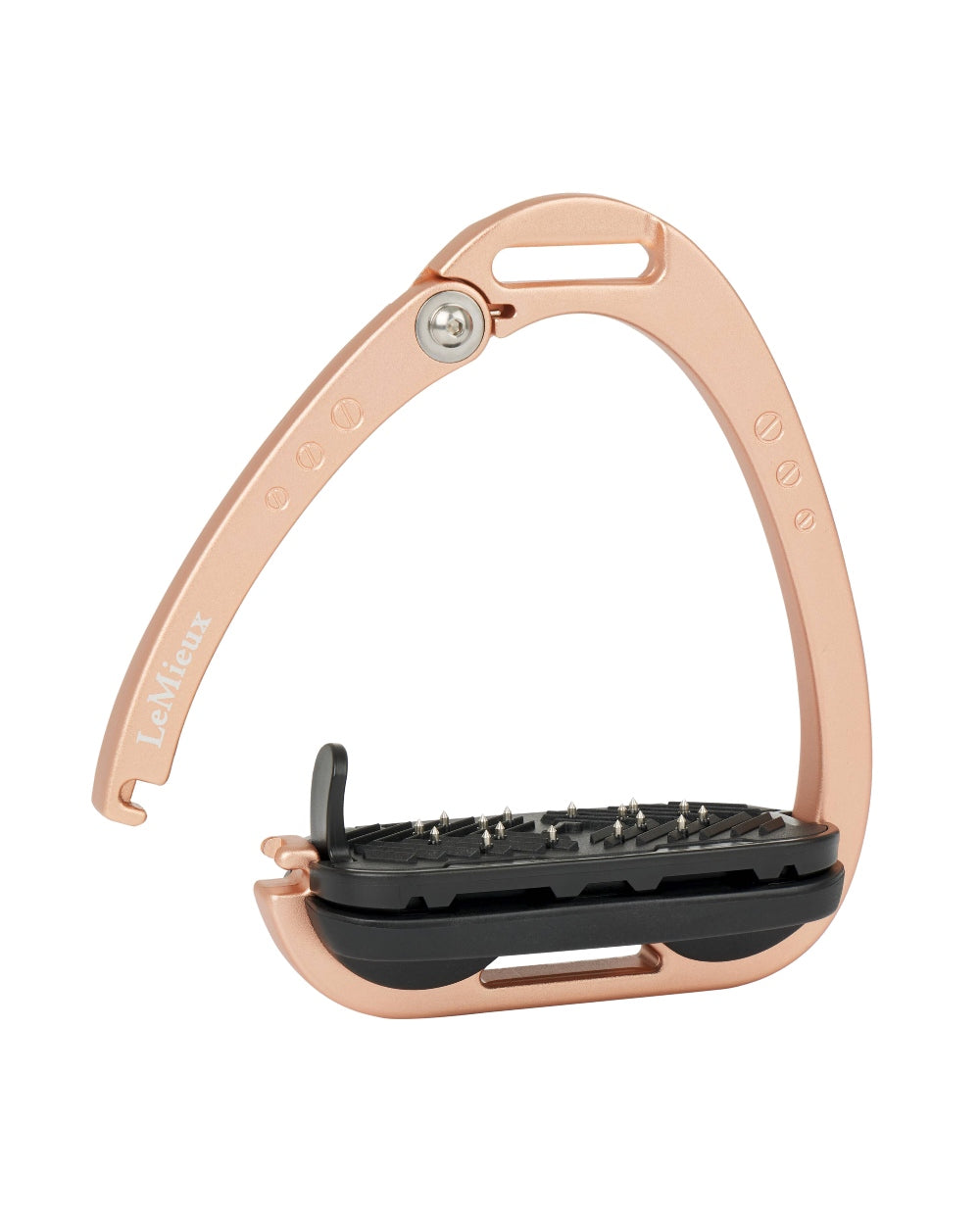 Rose Gold coloured LeMieux Vector Balance Stirrup on white background