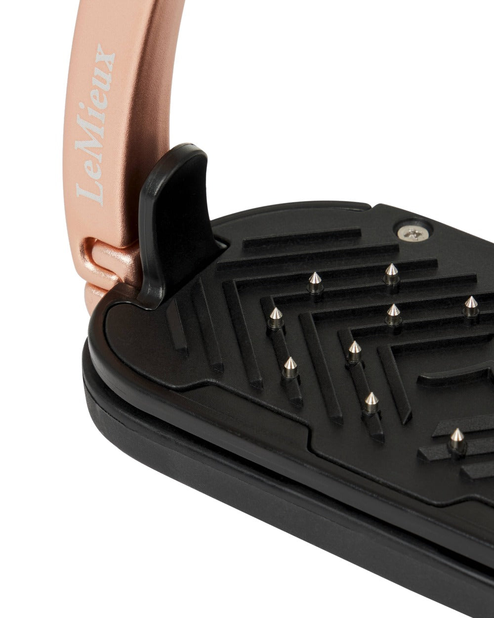 Rose Gold coloured LeMieux Vector Balance Stirrup on white background