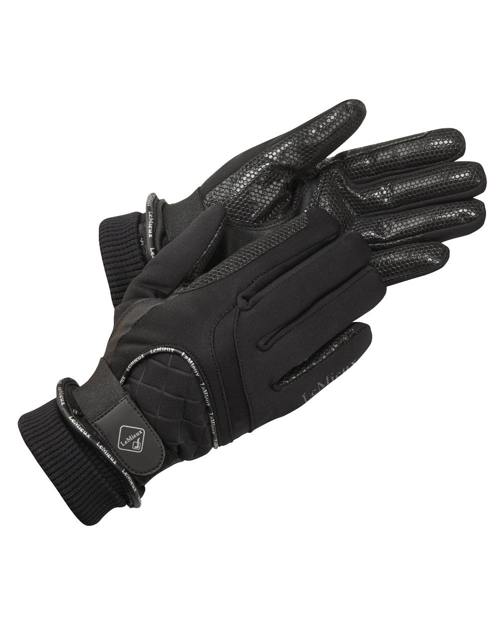 Black coloured LeMieux Waterproof Lite Gloves on white background