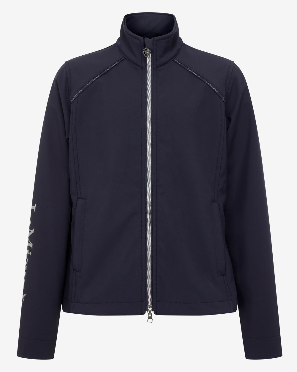 Navy coloured LeMieux Young Rider Elite Soft Shell Jacket on grey background 