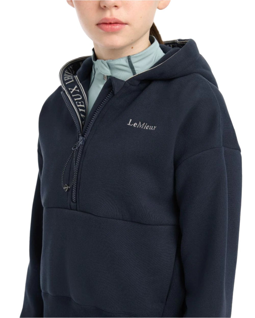 Navy Coloured LeMieux Young Rider Hettie Half Zip Hoodie On A White Background