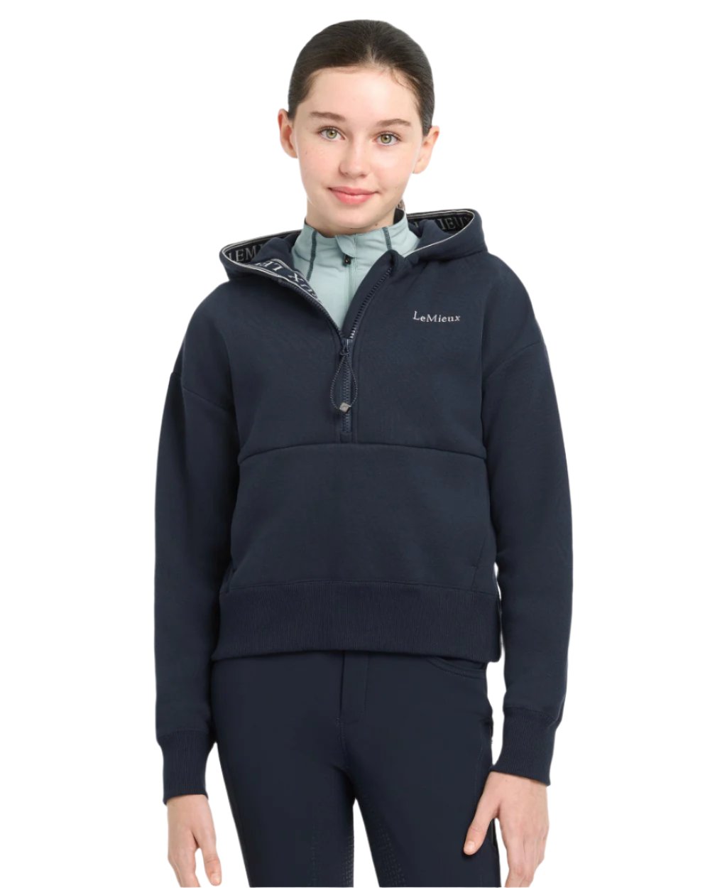 Navy Coloured LeMieux Young Rider Hettie Half Zip Hoodie On A White Background