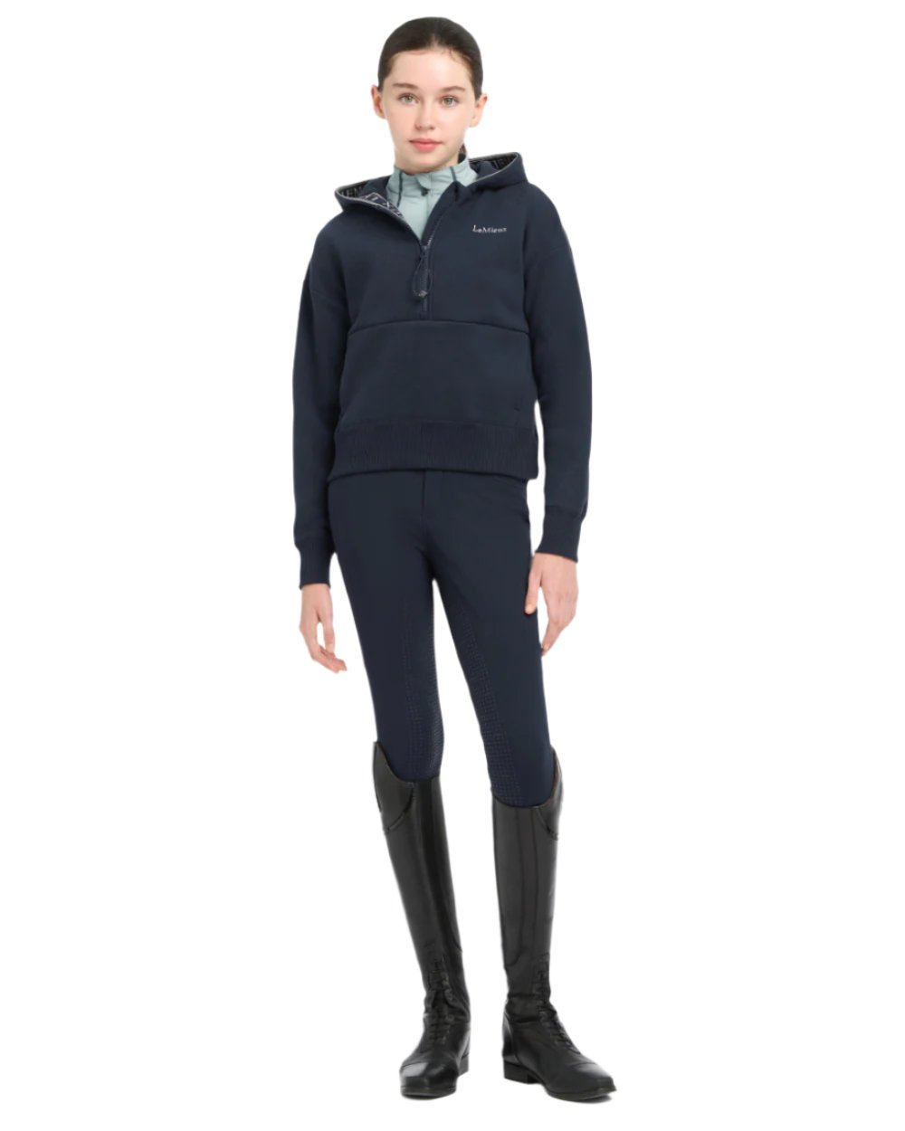 Navy Coloured LeMieux Young Rider Hettie Half Zip Hoodie On A White Background