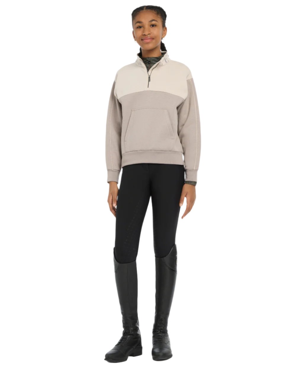 Ash Stone Coloured LeMieux Young Rider Kate Quarter Zip Sweater On A White Background