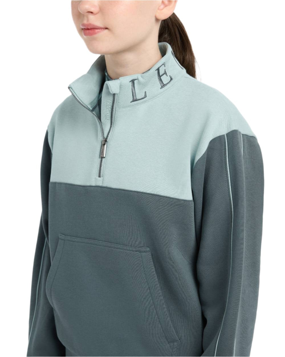 Petrol Glacier Coloured LeMieux Young Rider Kate Quarter Zip Sweater On A White Background
