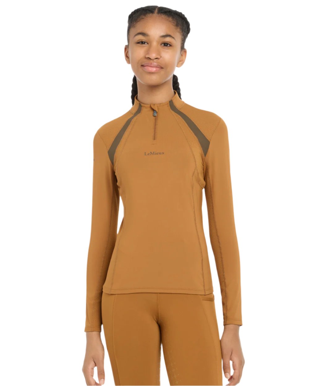 Ginger Coloured LeMieux Young Rider Mia Mesh Base Layer On A White Background