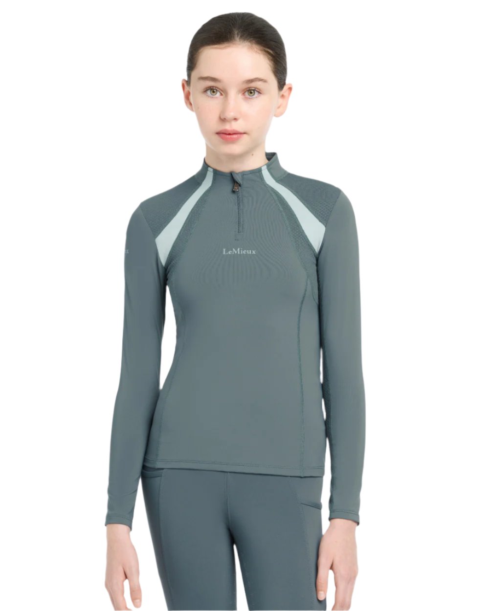 Petrol Coloured LeMieux Young Rider Mia Mesh Base Layer On A White Background