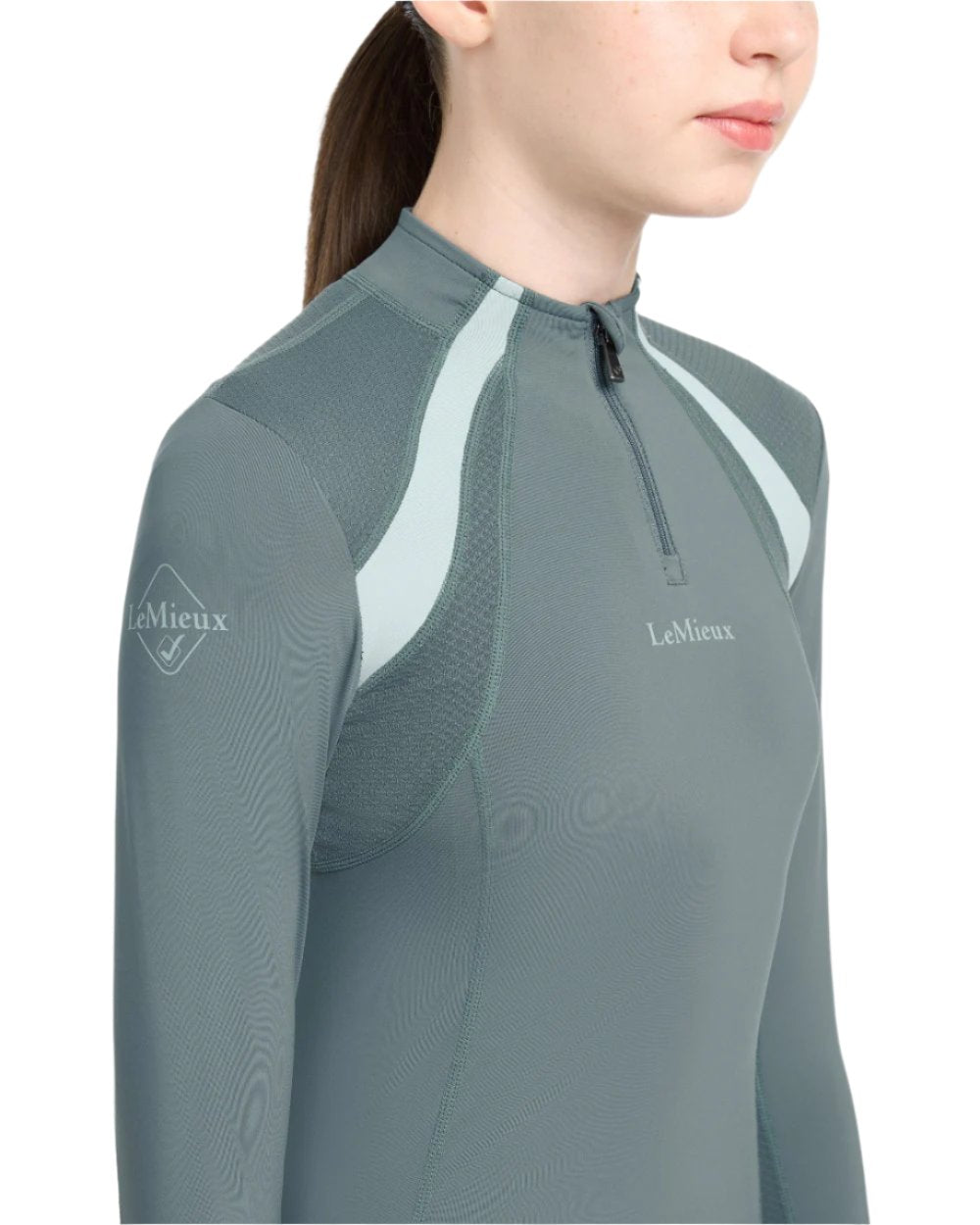 Petrol Coloured LeMieux Young Rider Mia Mesh Base Layer On A White Background