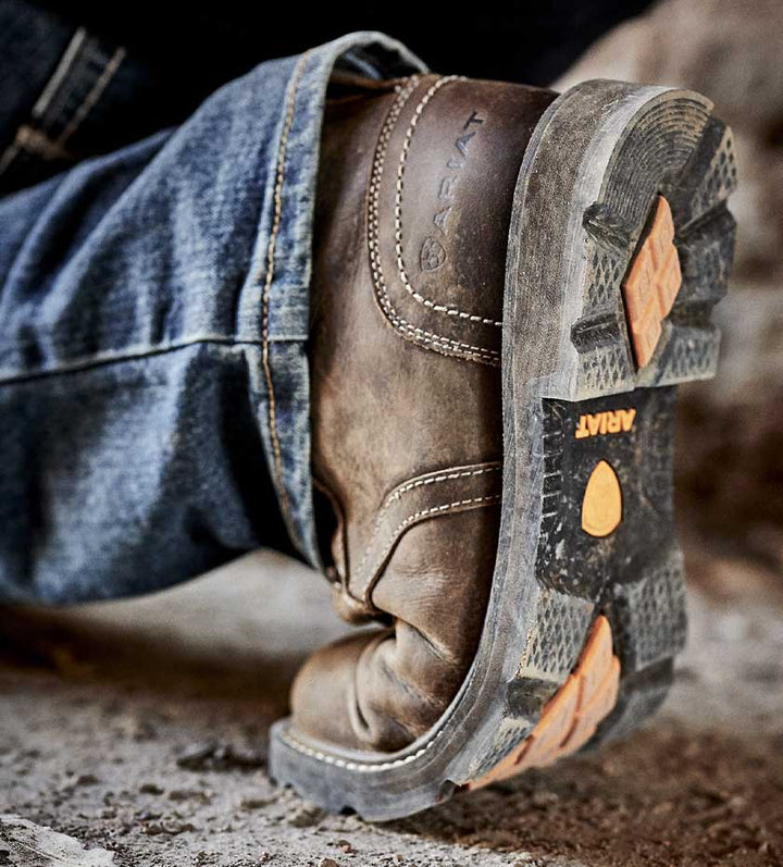 Men's Boots and Shoes for work and leisure. Rugged sole of Ariat work Boots.