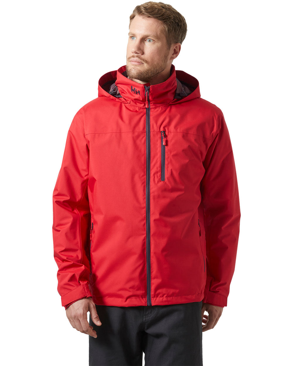 Red coloured Helly Hansen Mens Crew Hooded Midlayer Jacket on white background