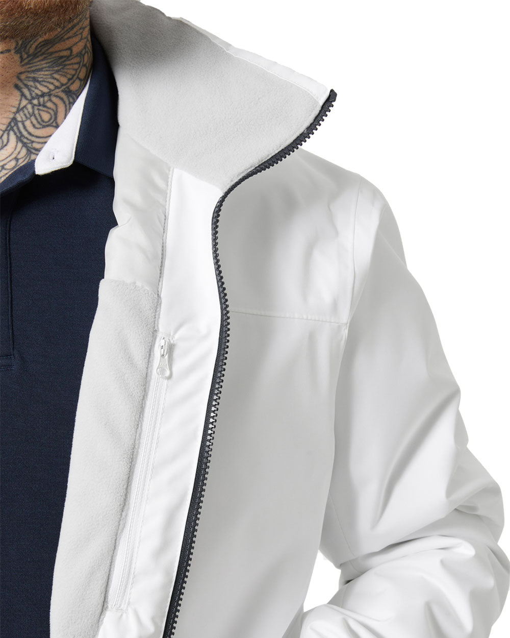 White coloured Helly Hansen Mens Crew Hooded Midlayer Jacket on white background
