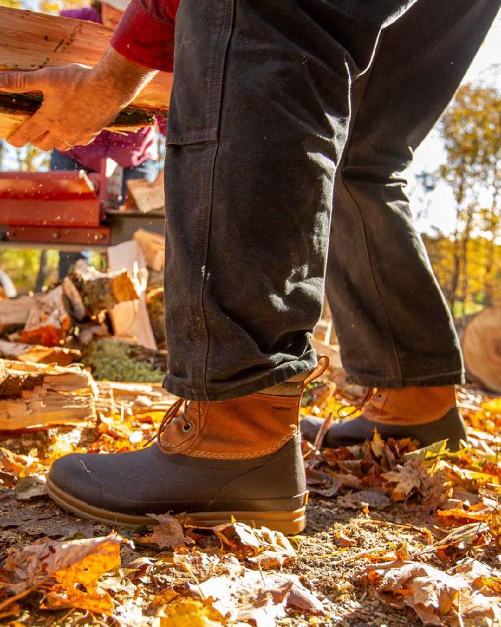 Tan Coloured Muck Boots Mens Originals Duck Lace-Up Leather Short Boots on Outdoor Background