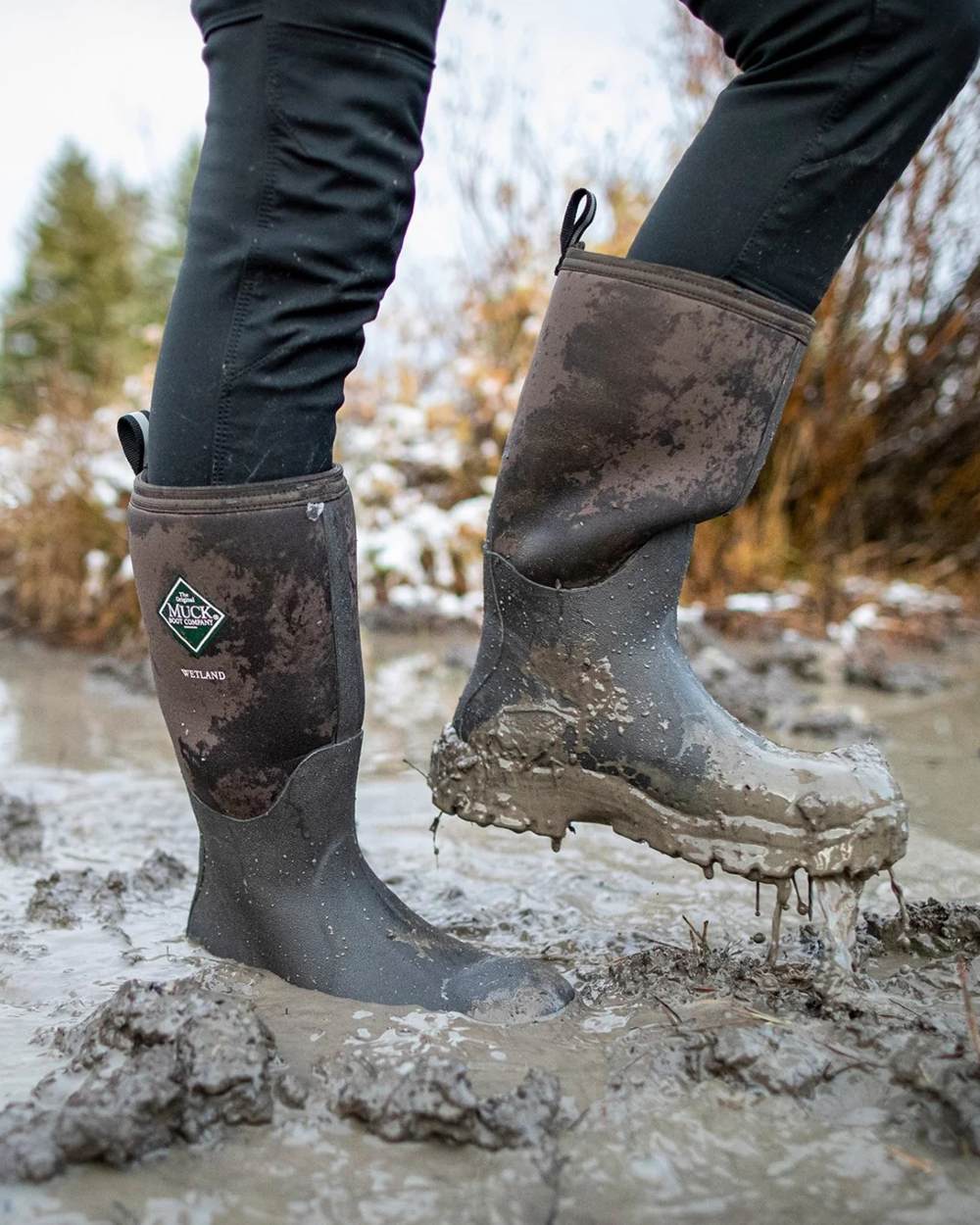 Bark Coloured Muck Boots Womens Wetland Tall Wellingtons On A Mud Background
