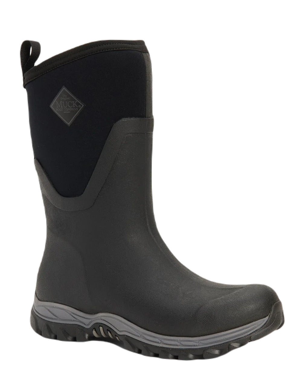 Black Coloured Muck Boots Womens Arctic Sport II Mid Wellingtons On A White Background