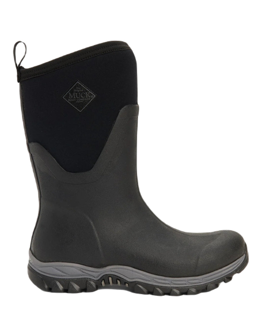 Black Coloured Muck Boots Womens Arctic Sport II Mid Wellingtons On A White Background
