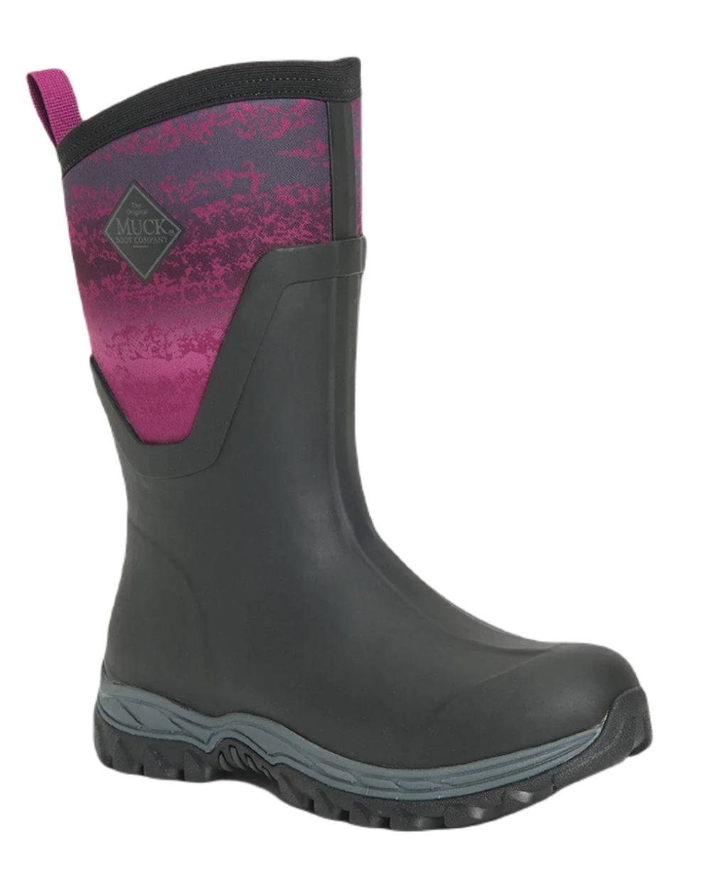 Magenta Digi Fade Print Coloured Muck Boots Womens Arctic Sport II Mid Wellingtons On A White Background