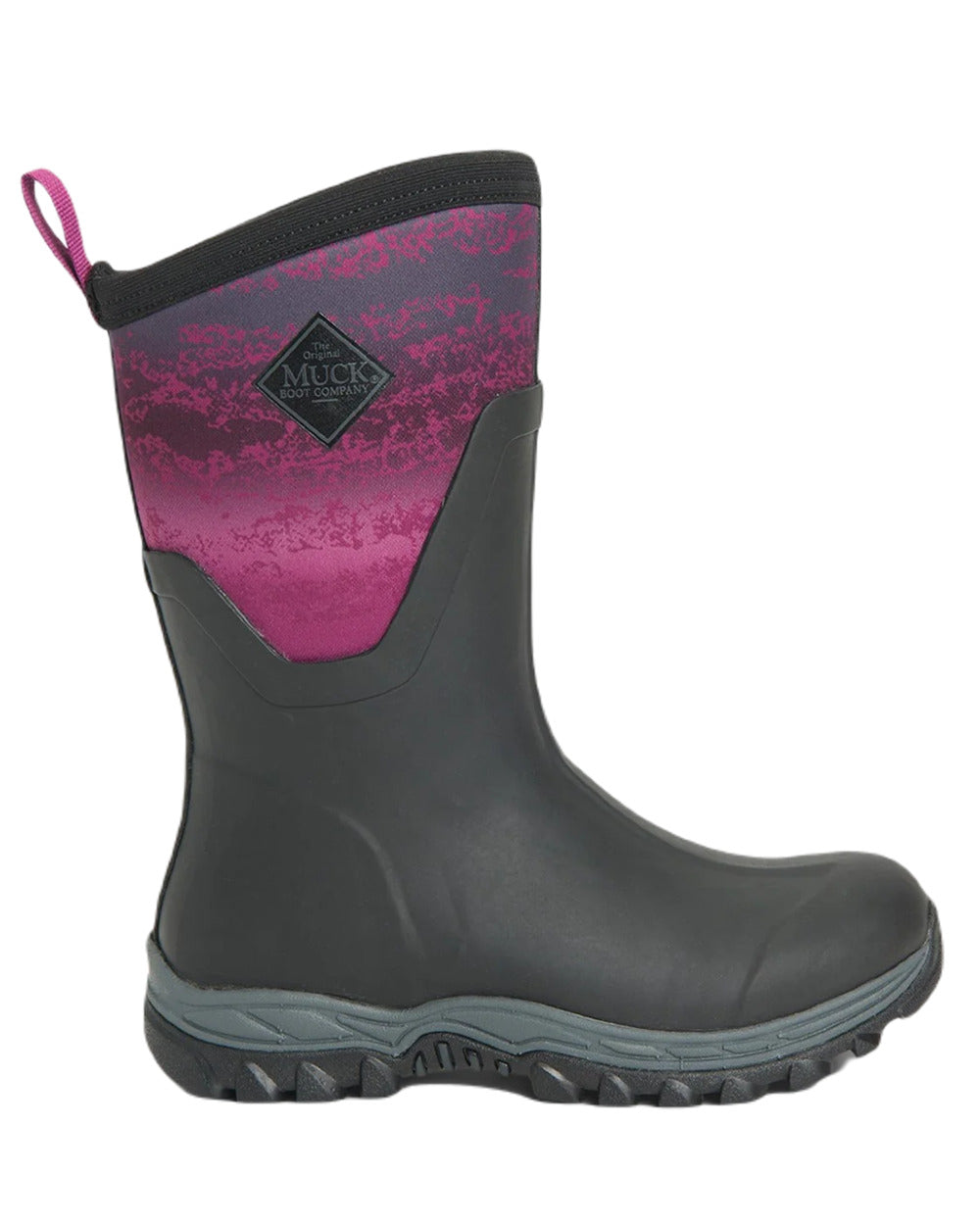 Magenta Digi Fade Print Coloured Muck Boots Womens Arctic Sport II Mid Wellingtons On A White Background