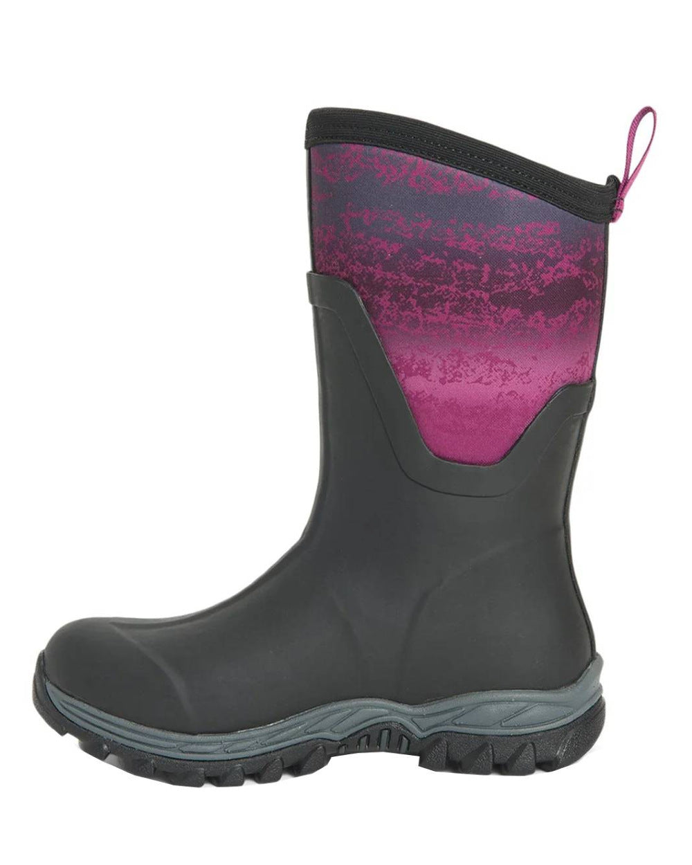 Magenta Digi Fade Print Coloured Muck Boots Womens Arctic Sport II Mid Wellingtons On A White Background
