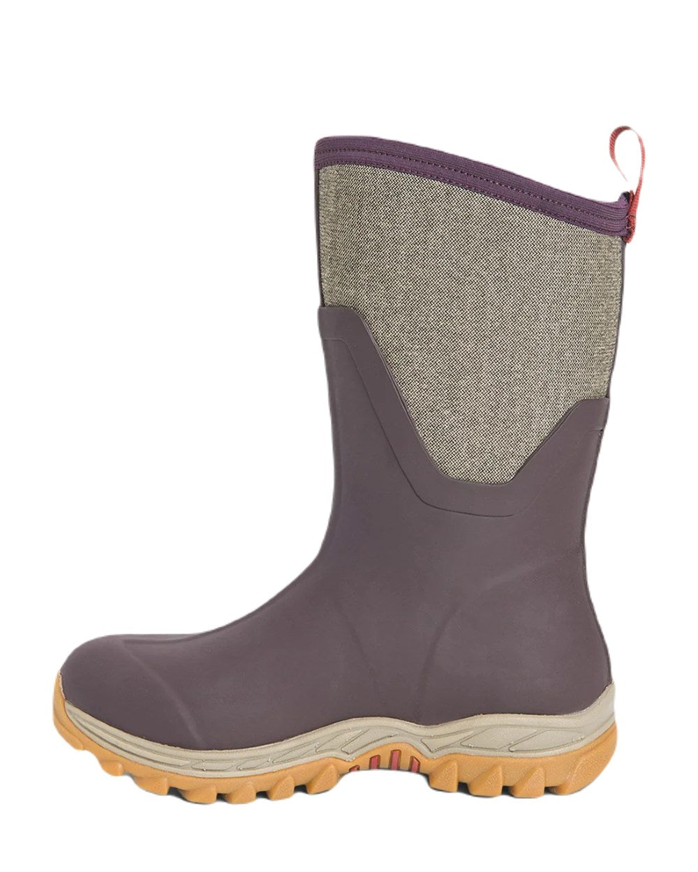 Wine Herringbone Print Coloured Muck Boots Womens Arctic Sport II Mid Wellingtons On A White Background