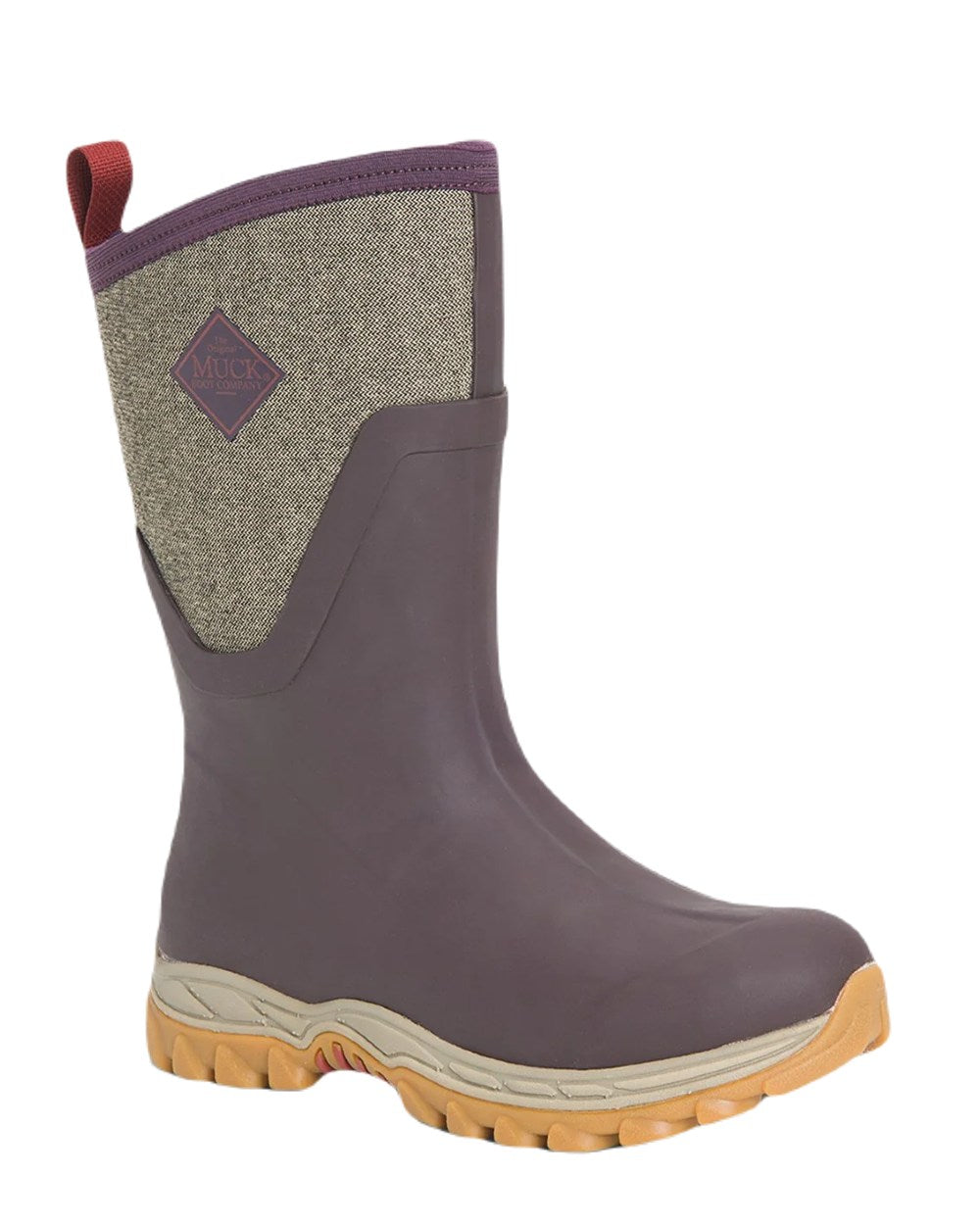 Wine Herringbone Print Coloured Muck Boots Womens Arctic Sport II Mid Wellingtons On A White Background
