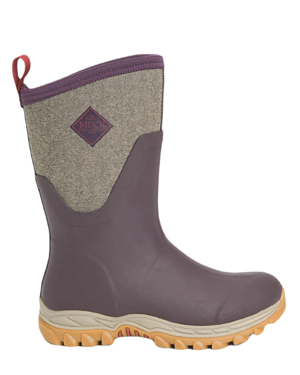 Wine Herringbone Print Coloured Muck Boots Womens Arctic Sport II Mid Wellingtons On A White Background
