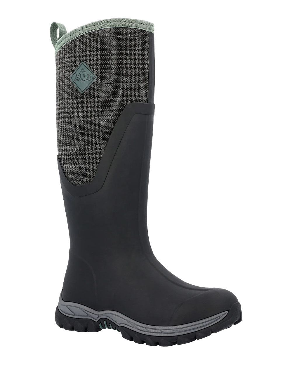 Black Plaid Print Muck Boots Womens Artic Sport II Tall Wellingtons on White background