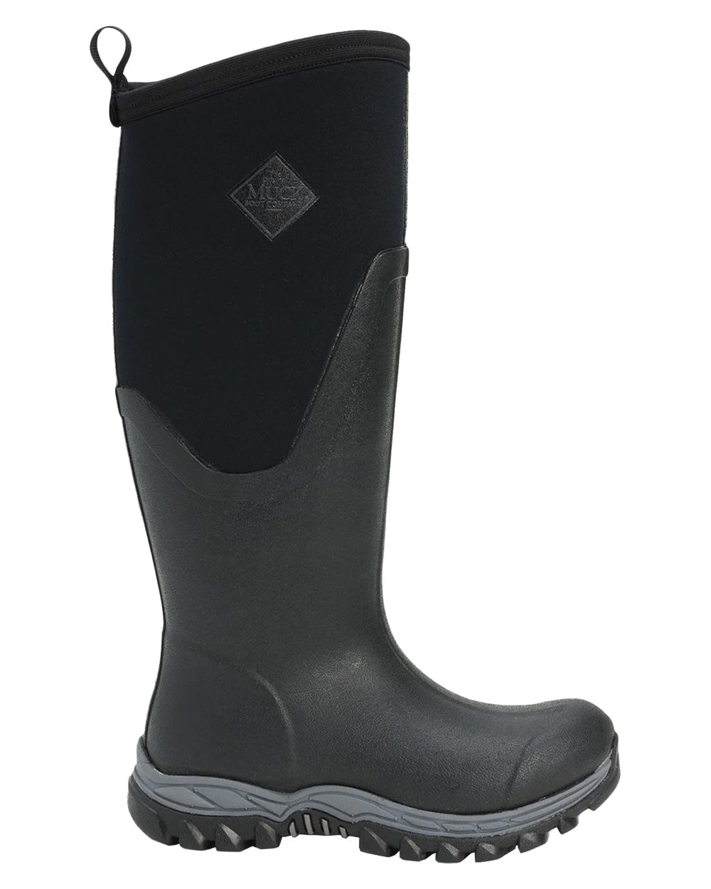 Black coloured Muck Boots Womens Artic Sport II Tall Wellingtons on White background