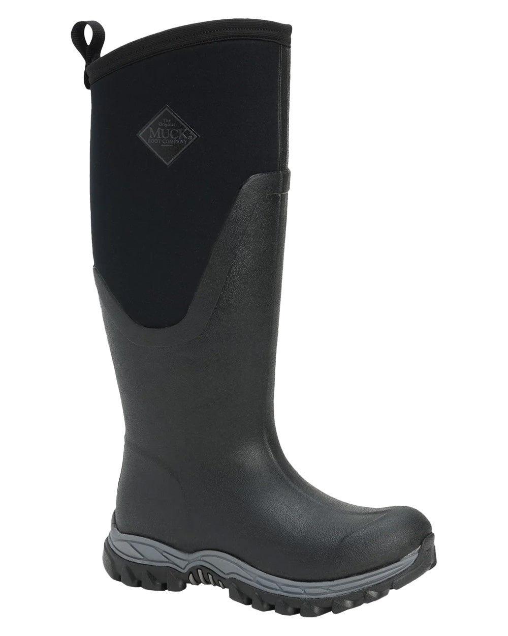 Black coloured Muck Boots Womens Artic Sport II Tall Wellingtons on White background