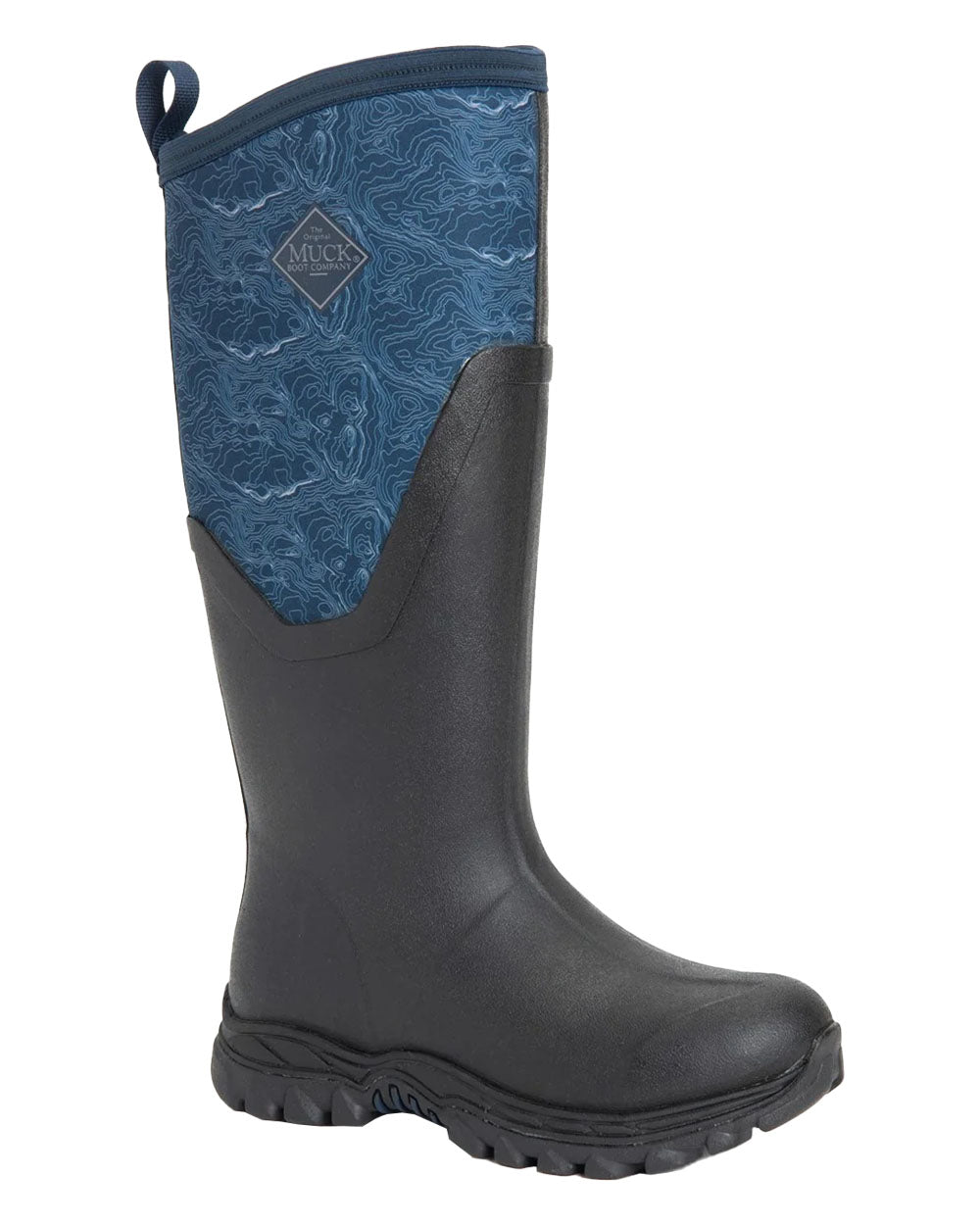 Navy Topography Muck Boots Womens Artic Sport II Tall Wellingtons on White background