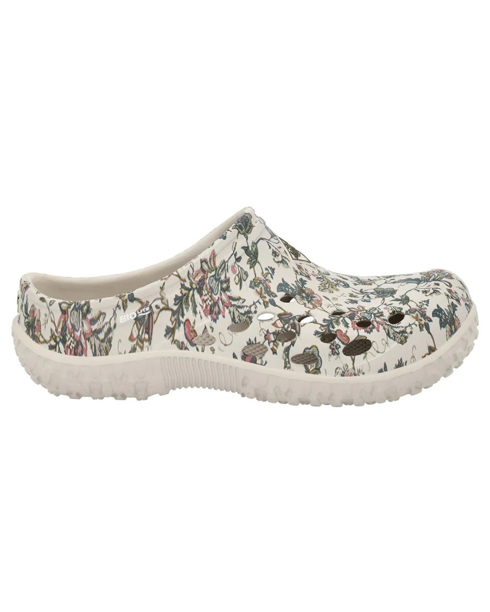 Light Grey Floral Print Coloured Muck Boots Womens Muckster Lite Clogs On A White Background