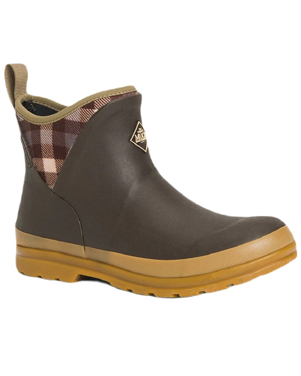 Brown Plaid Print Coloured Muck Boots Womens Originals Pull-On Ankle Boots On A White Background