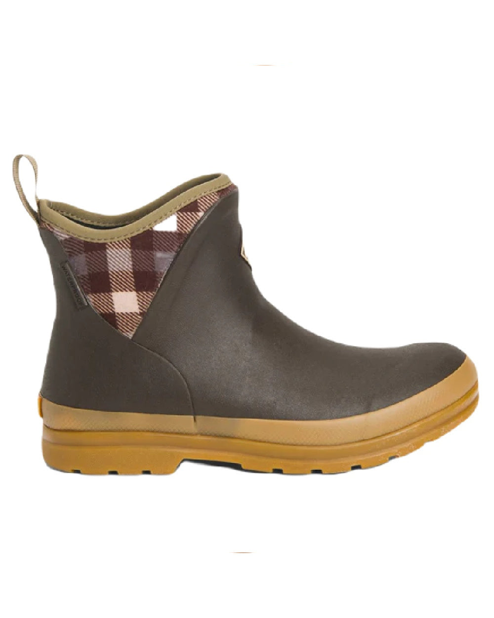 Brown Plaid Print Coloured Muck Boots Womens Originals Pull-On Ankle Boots On A White Background