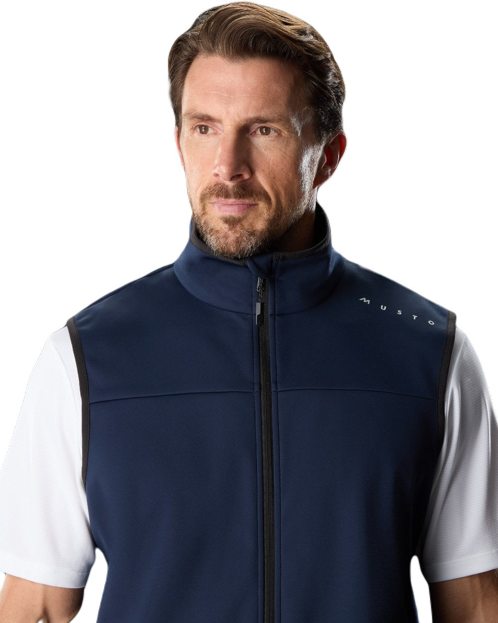 Navy Coloured Musto Evo Crew Softshell Vest on White Background
