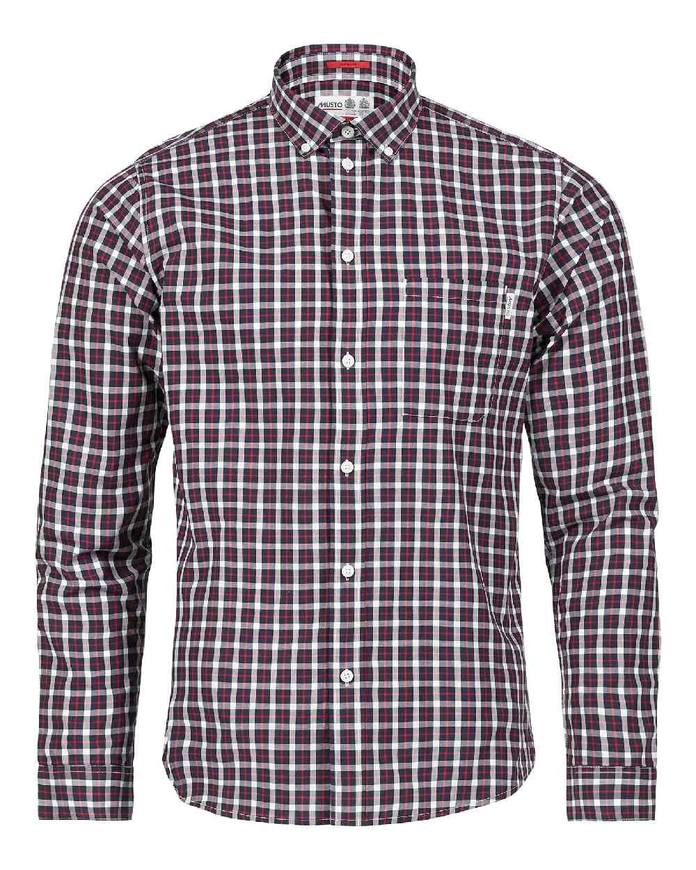 True Red coloured Musto Marina Long Sleeve Check Shirt on white background 