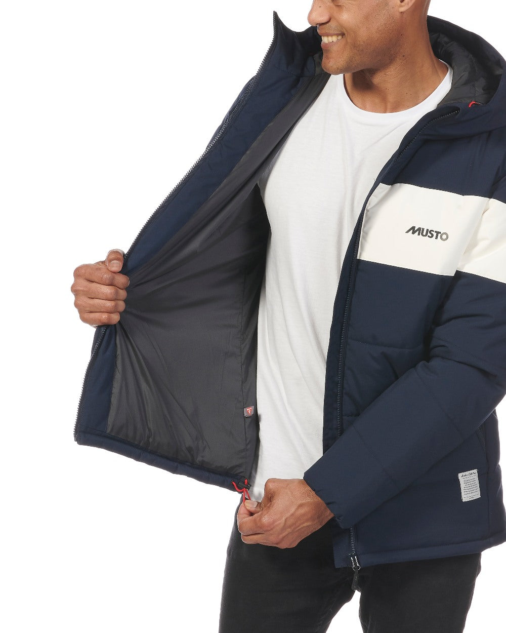 Navy coloured Musto Mens 64 Puffer Jacket on white background 
