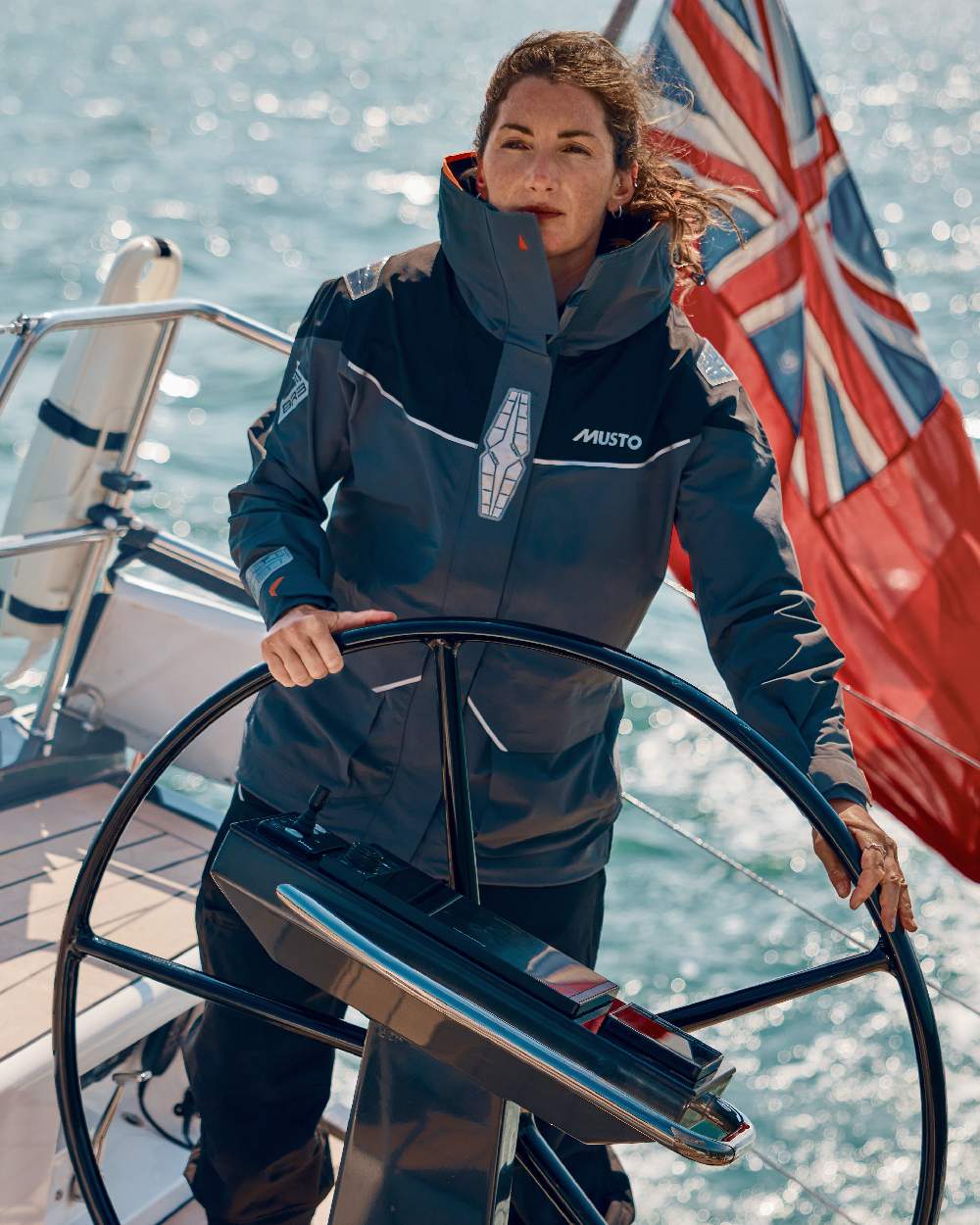 Charcoal Coloured Musto Womens Br3 Pertex Offshore Jacket on Boat Background