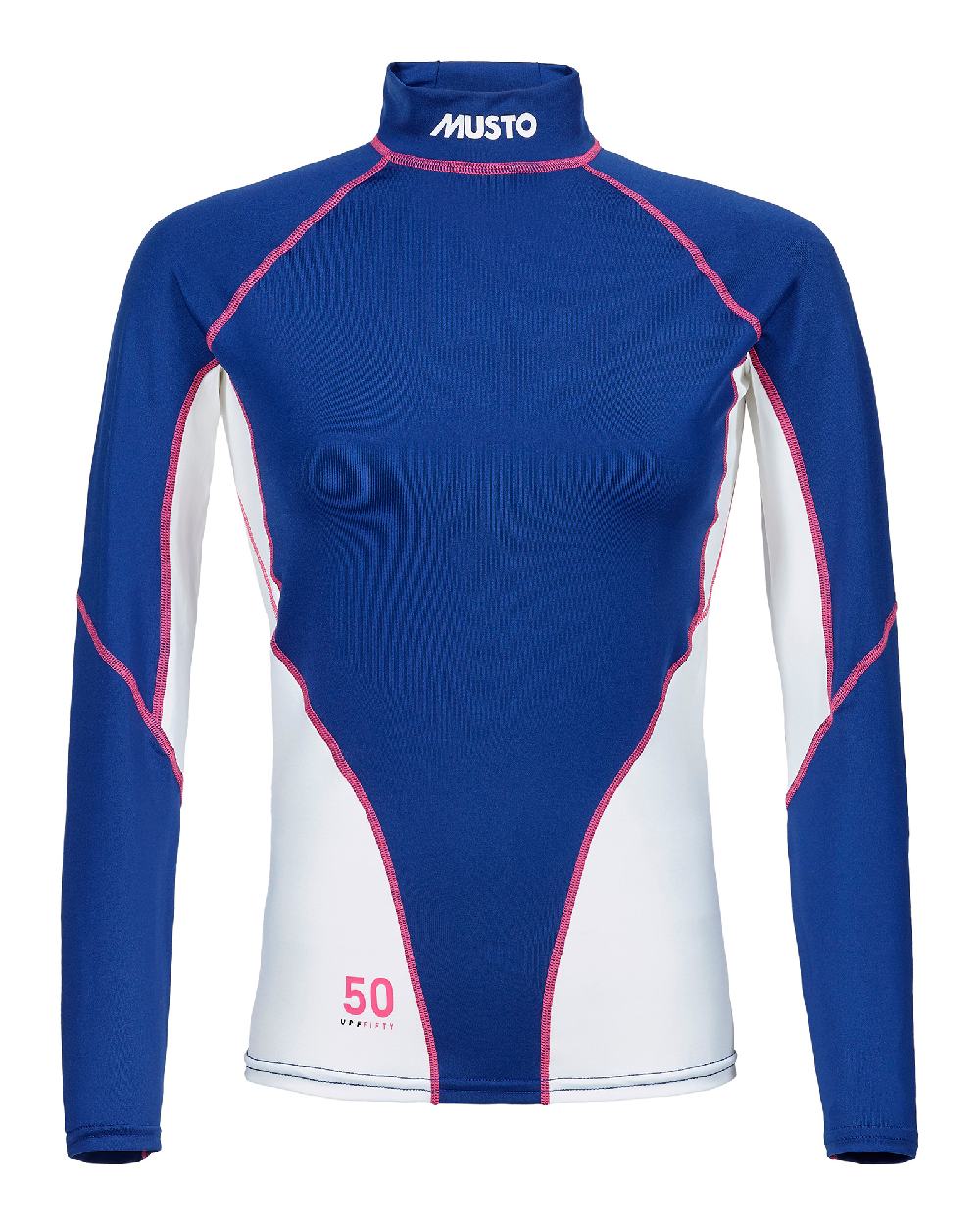 Sodalite Blue coloured Musto Womens Champion Long Sleeves Rash Guardon white background