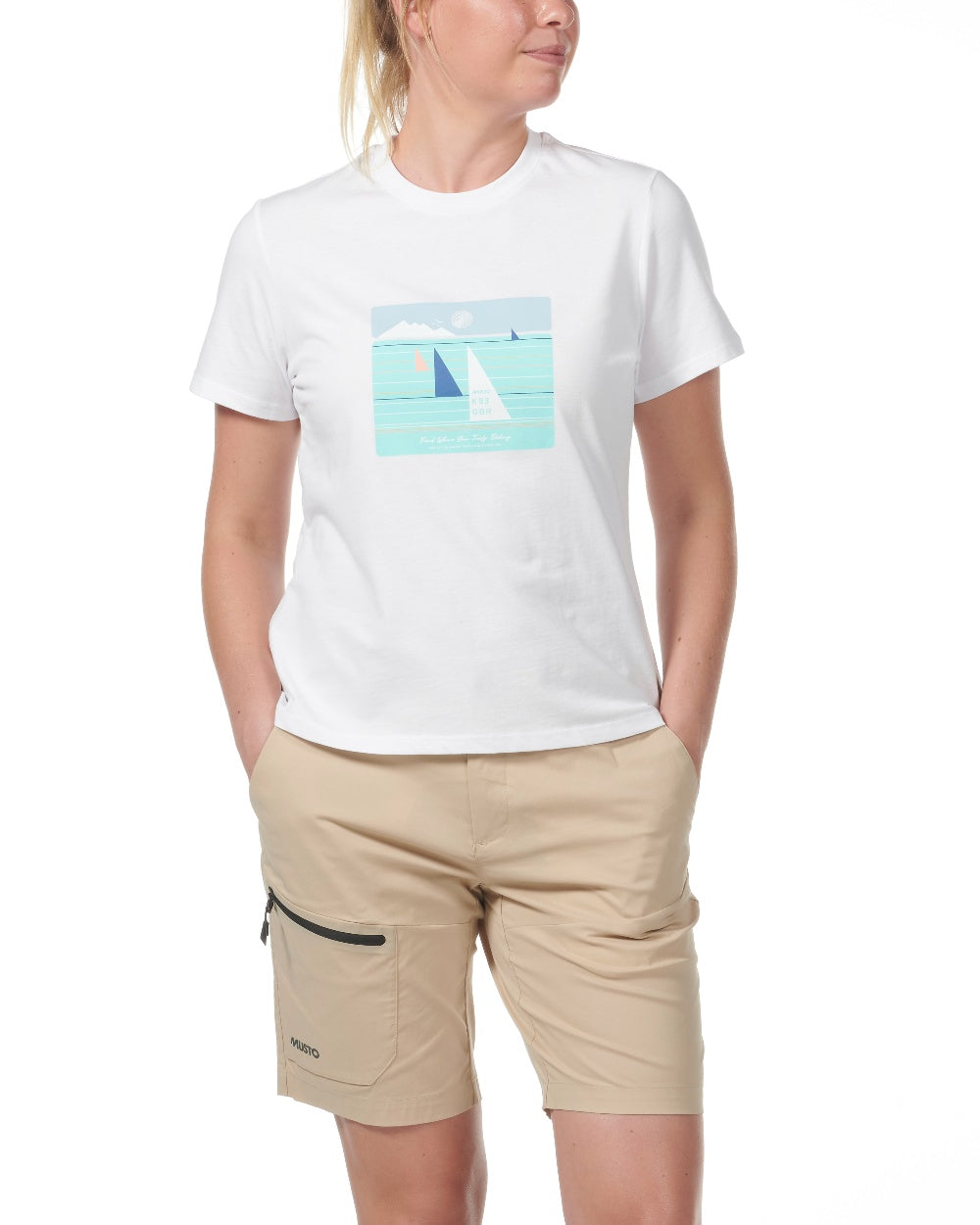 White coloured Musto Womens Marina Graphic Short Sleeves T-Shirt on white background 