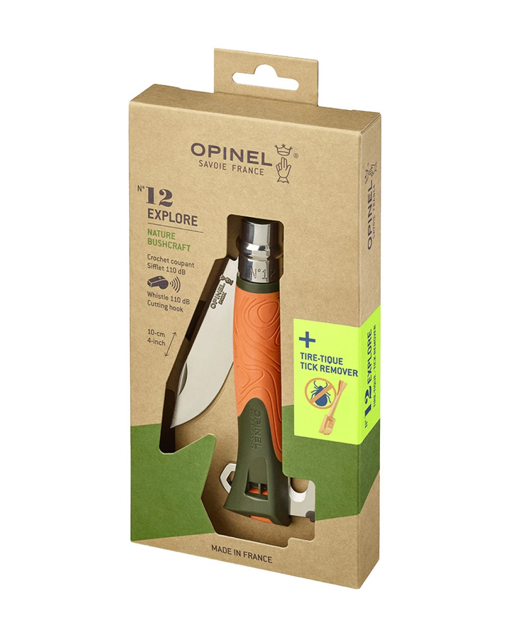 Orange Coloured Opinel No. 12 Explore Knife with Tick Remover On A White Background