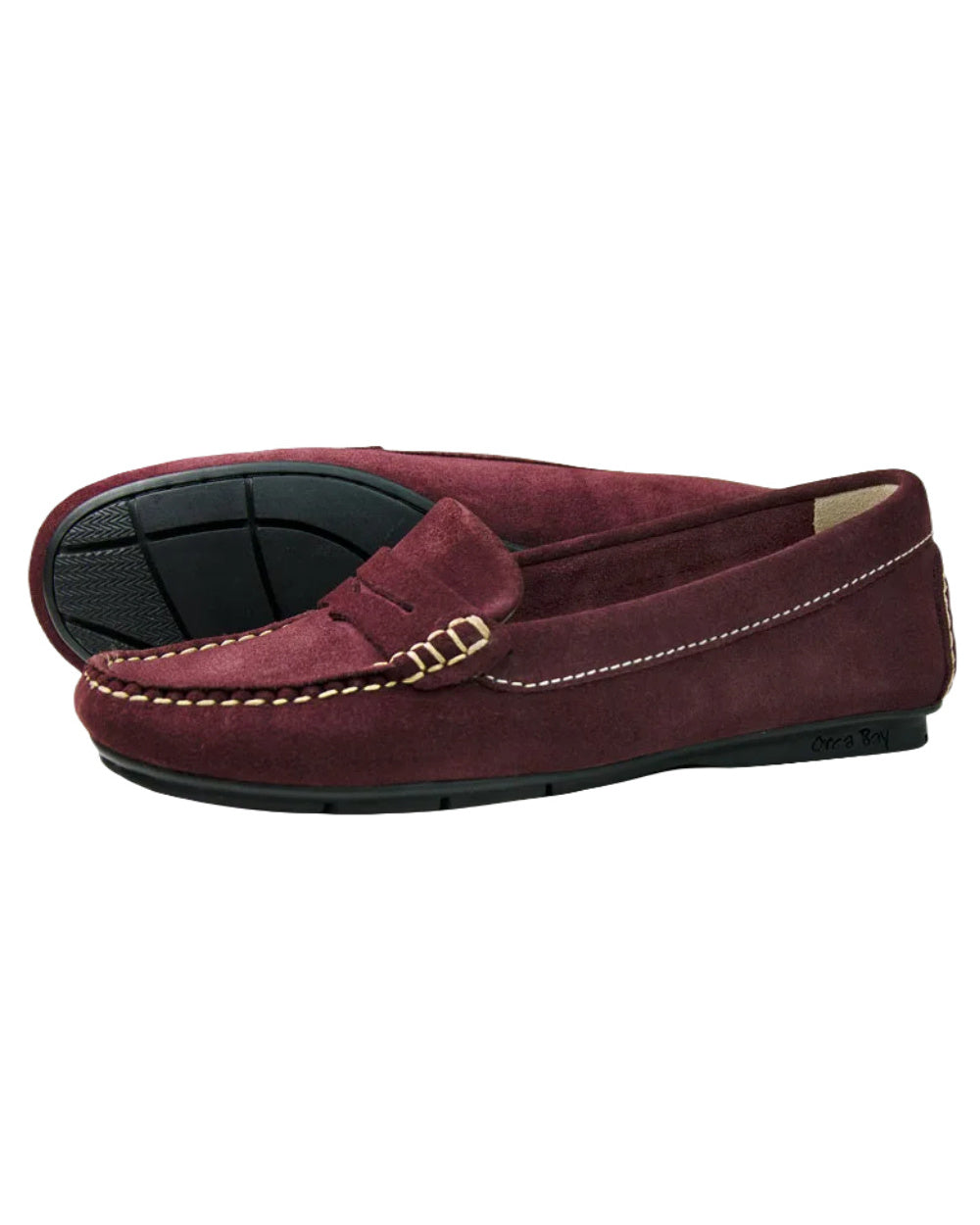 Burgundy Coloured Orca Bay Womens Florence Suede Loafers On A White Background
