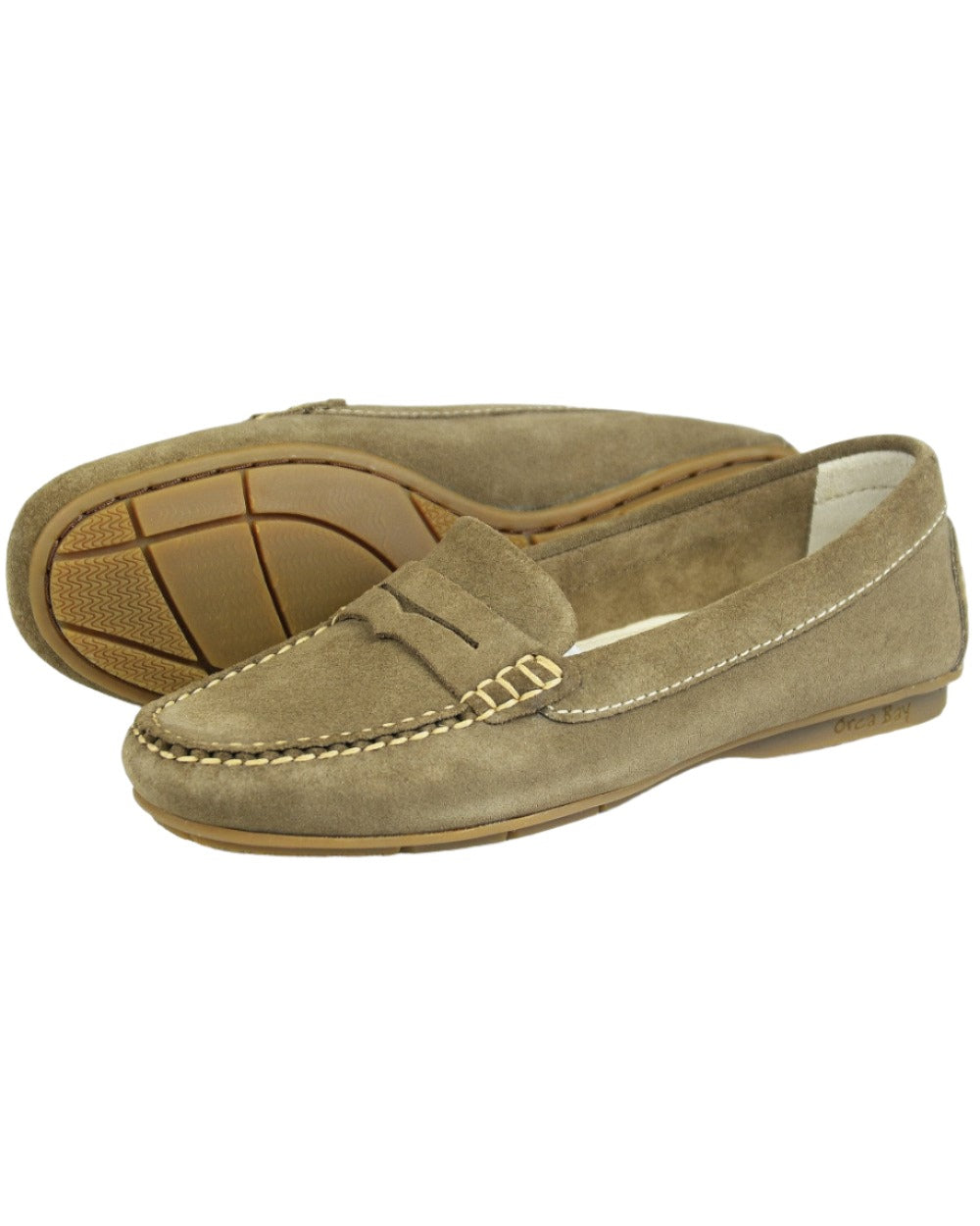 Mushroom Coloured Orca Bay Womens Florence Suede Loafers On A White Background