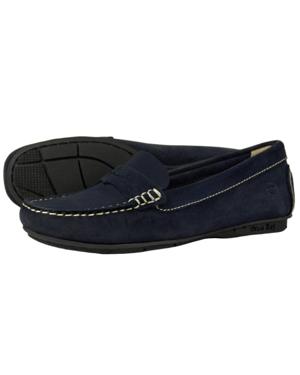 Navy Coloured Orca Bay Womens Florence Suede Loafers On A White Background