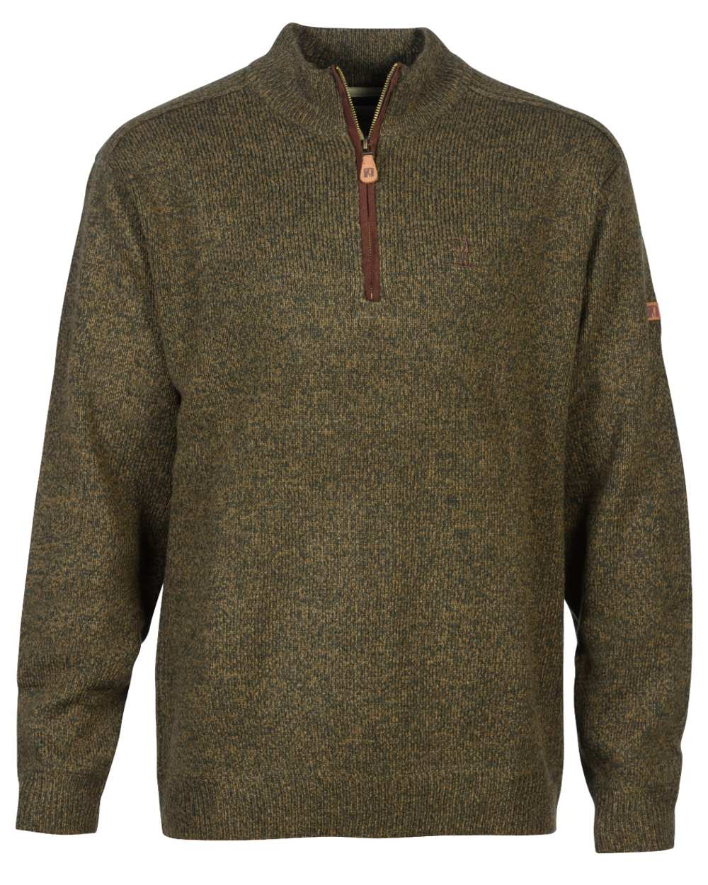 Khaki coloured Percussion Zip Neck Hunting Pullover on white background