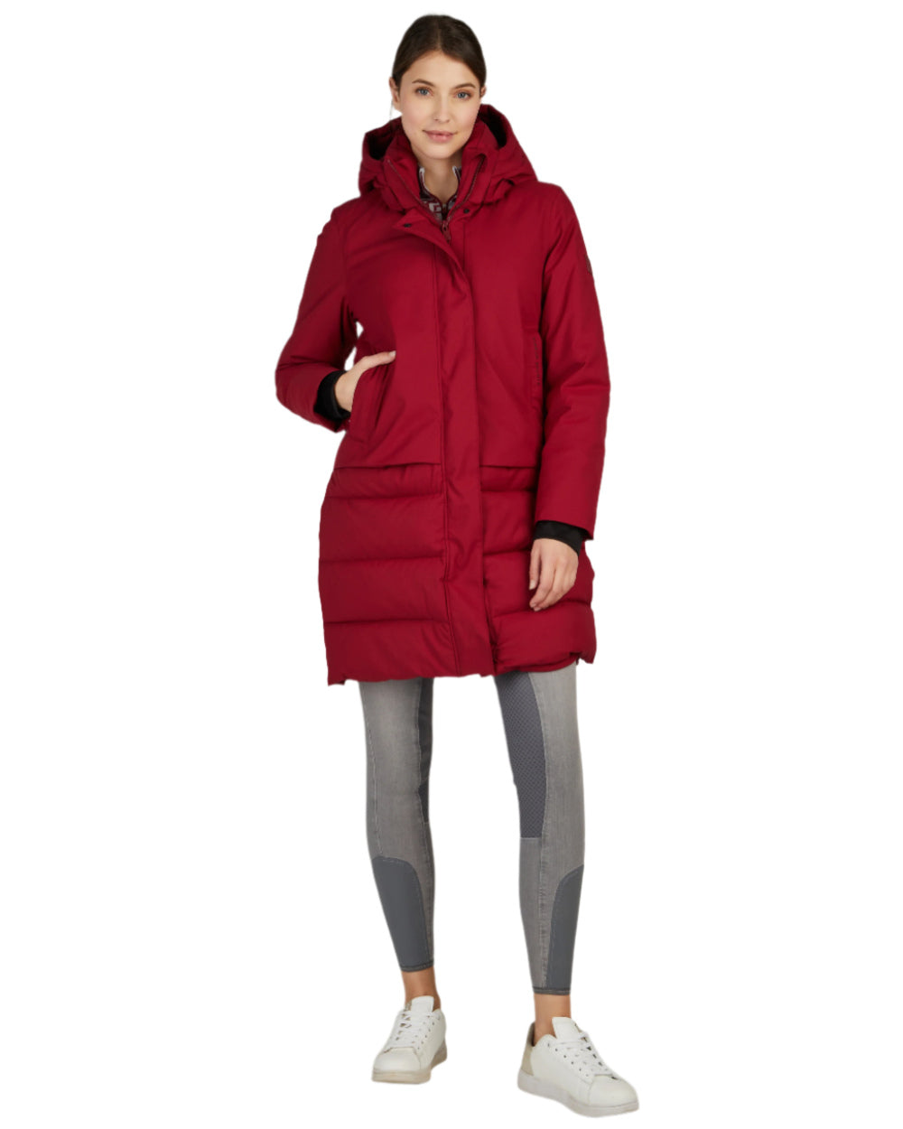 Rumba Red Coloured Pikeur Quilted Raincoat On A White Background