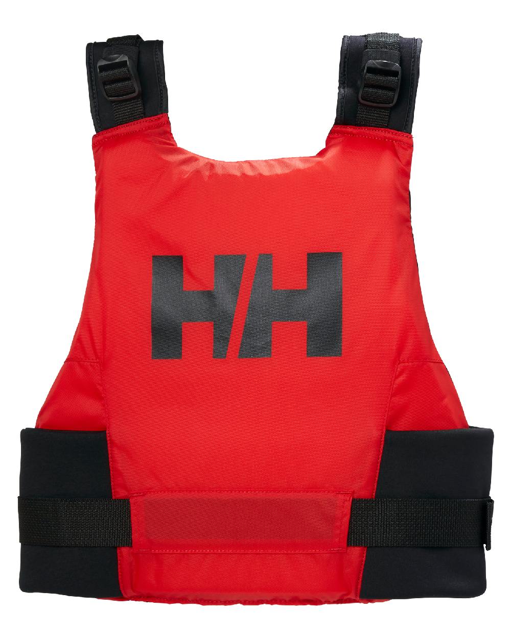 Alert Red coloured Helly Hansen Rider Paddle Life Vest on white background